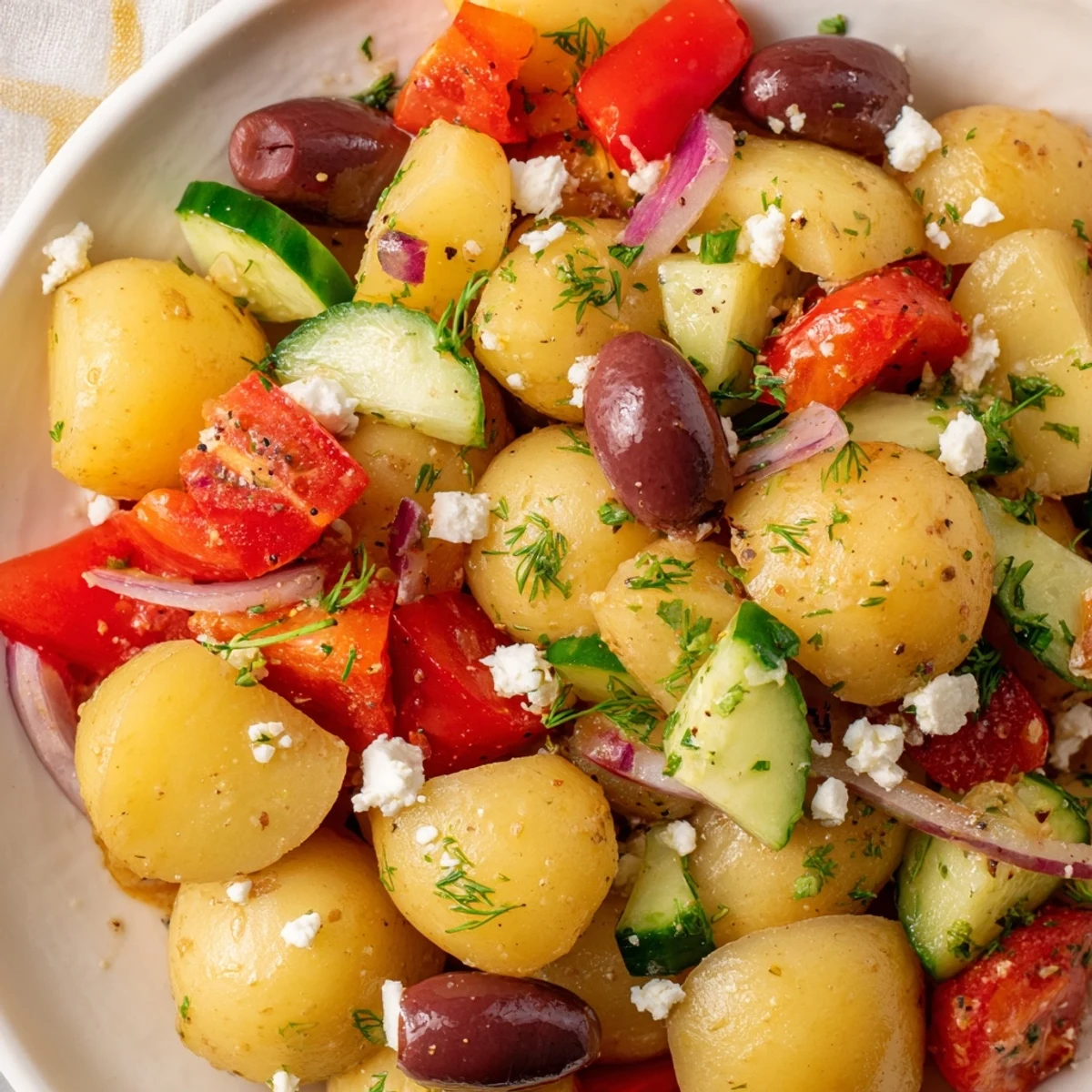 Scattered crumbled feta cheese, halved Kalamata olives, and chopped fresh parsley top the Refreshing Olive Greek Potato Salad, served chilled with a rustic wooden spoon nearby.