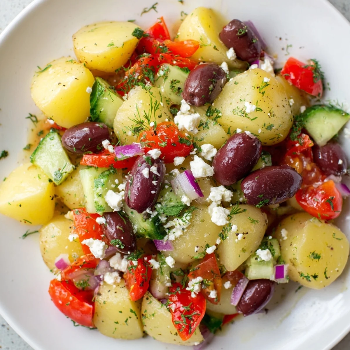 Bright red bell pepper and red onion mingle in this Refreshing Olive Greek Potato Salad, garnished with dill and a drizzle of extra virgin olive oil for Mediterranean flair.
