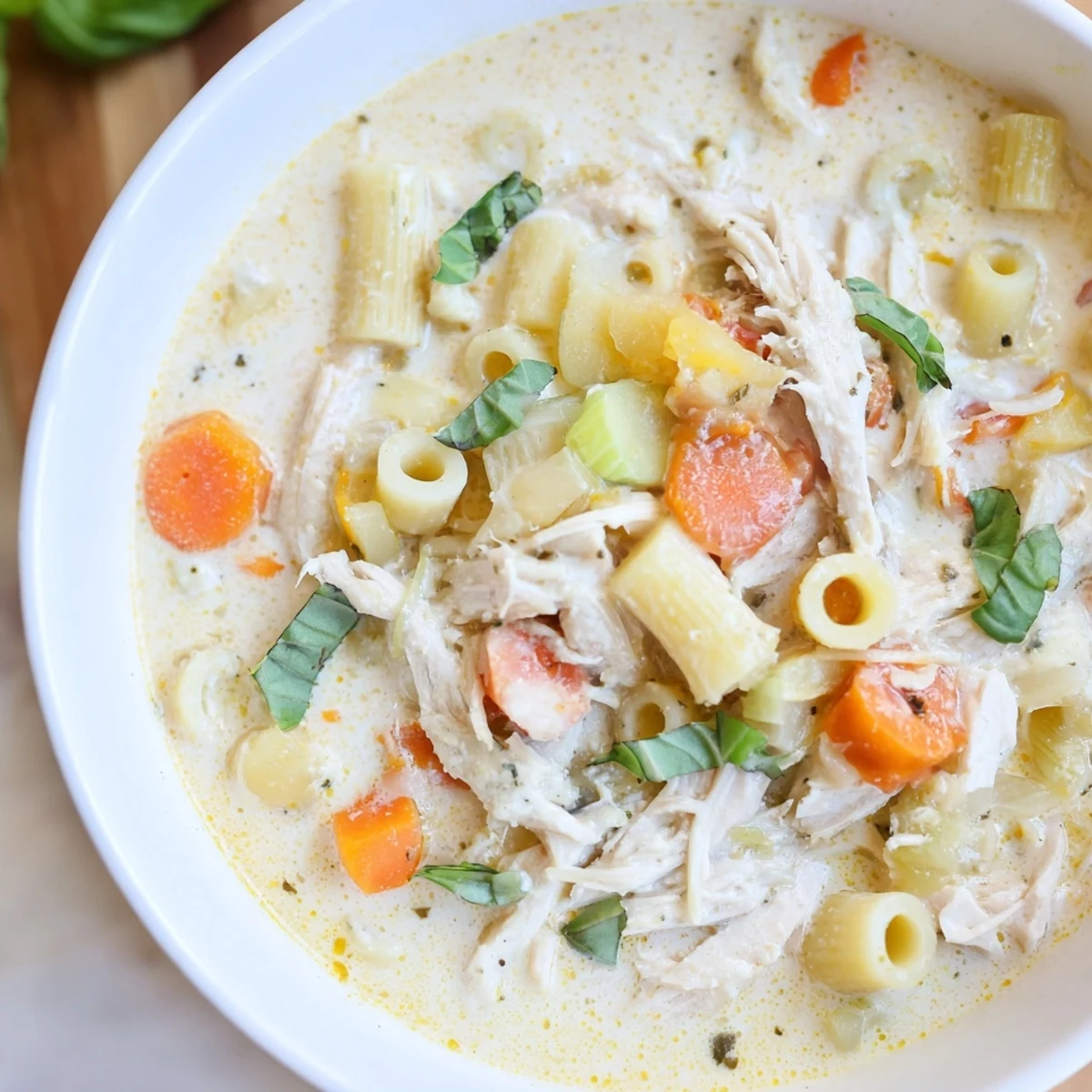 Savory Crock Pot Creamy Chicken Parmesan Soup ladled into a rustic bowl with crusty bread on the side.