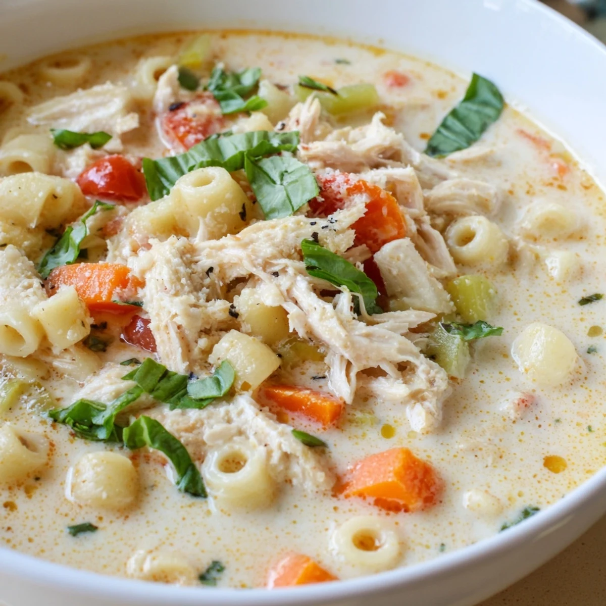Hearty Crock Pot Creamy Chicken Parmesan Soup with tender shredded chicken and carrots in a rich broth.