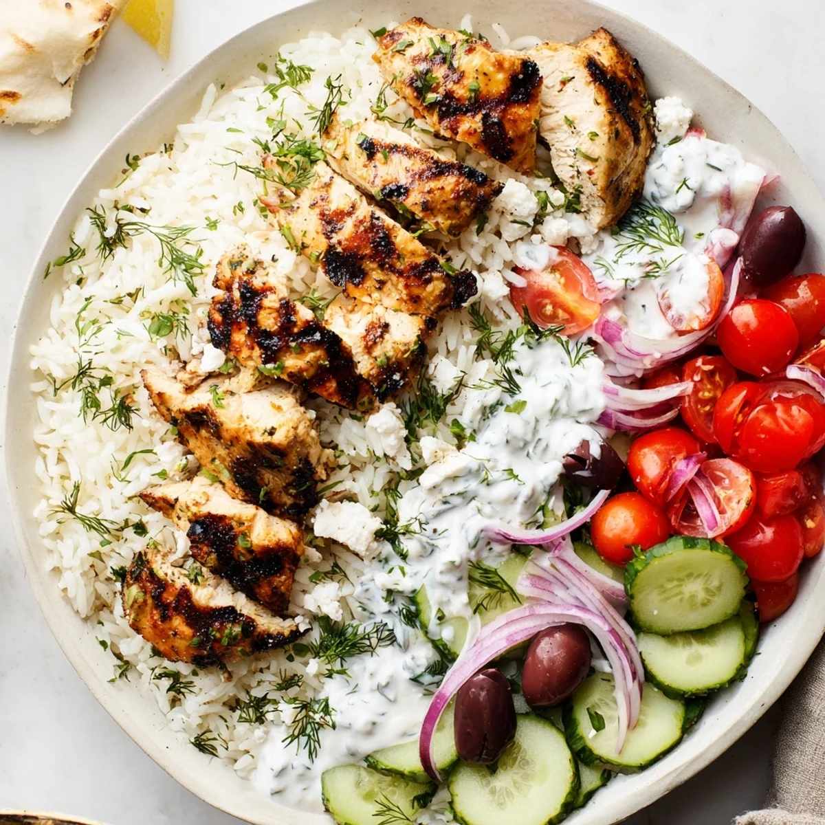 Freshly grilled Greek Chicken Bowls with marinated meat, herbed rice, cucumber, tomatoes, feta, and drizzled tzatziki sauce.