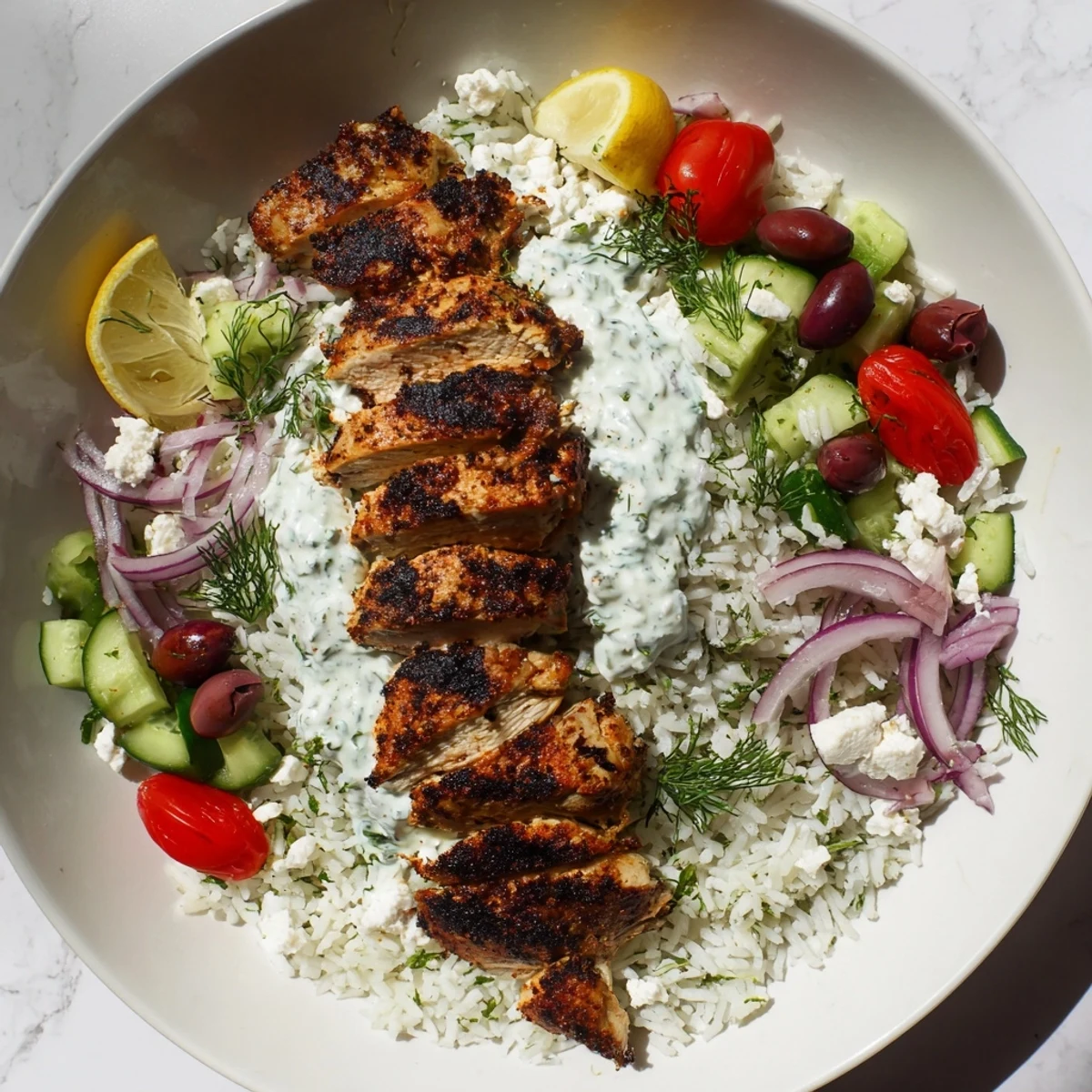 Sizzling Greek Chicken Bowls served warm with juicy chicken, crisp veggies, and creamy sauce for a healthy Mediterranean meal.