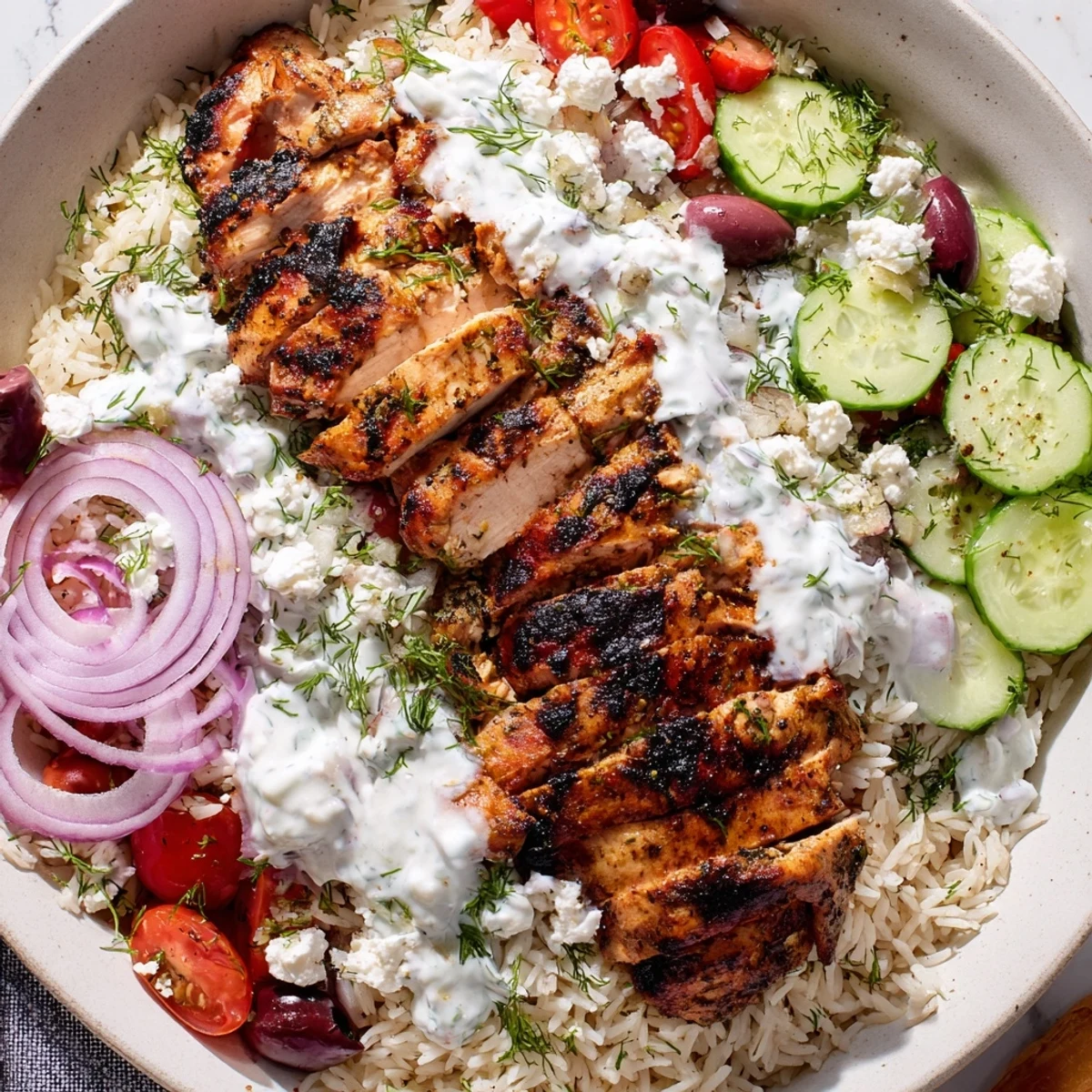 Vibrant Greek Chicken Bowls topped with Kalamata olives, red onion, and tangy tzatziki on fluffy dill-infused rice.