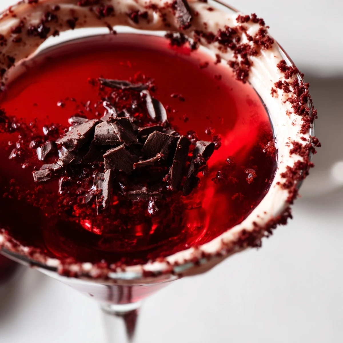 A close-up of the Decadent Red Velvet Martini shows a rich red hue, with a garnish of red velvet cake crumbs on the rim.