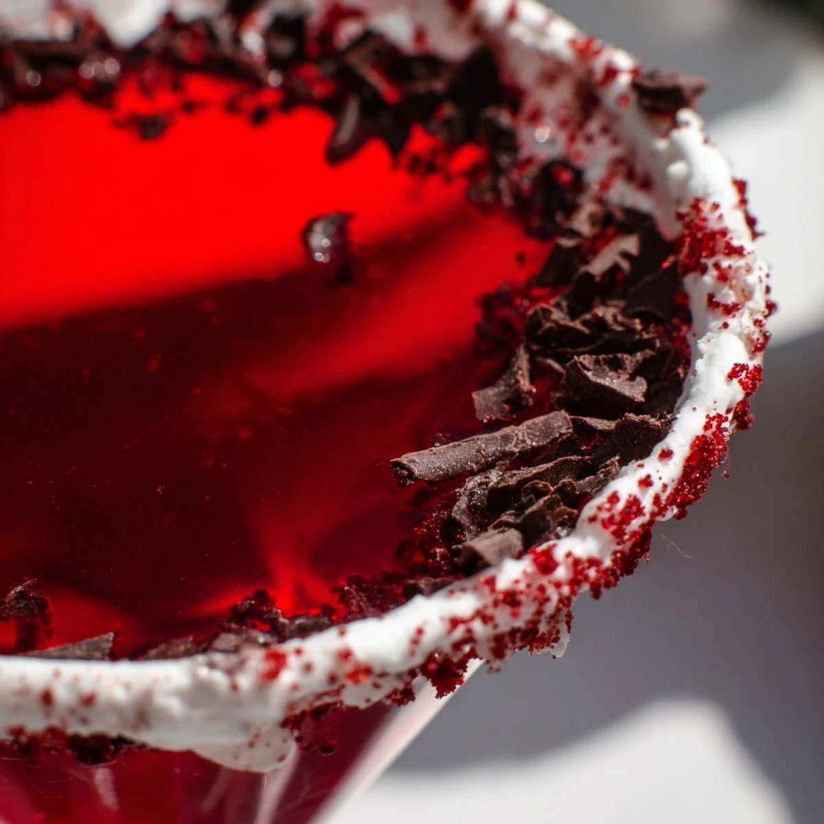 A glass of the Decadent Red Velvet Martini is served on a wooden board next to chocolate-dipped strawberries for a festive pairing.