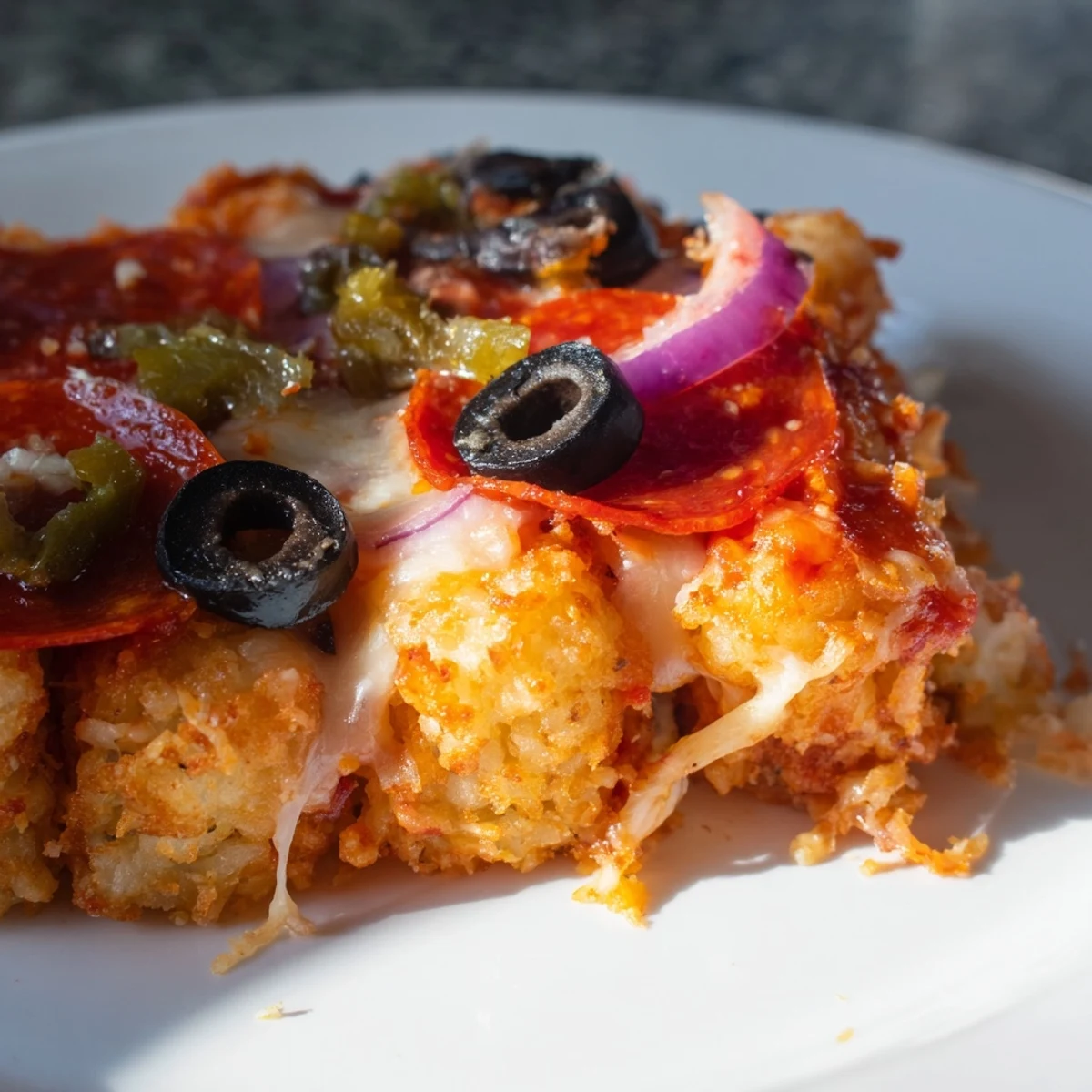Golden, bubbly Cheesy Pizza Tot Casserole emerges from the oven, topped with pepperoni and fresh bell peppers.