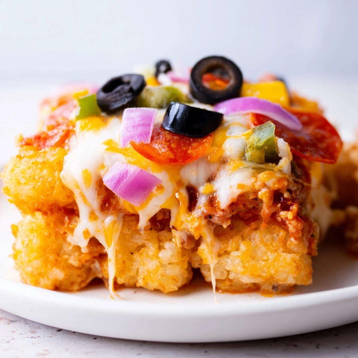 Family-style Cheesy Pizza Tot Casserole sits on a rustic table, served with a fresh green salad for dinner.