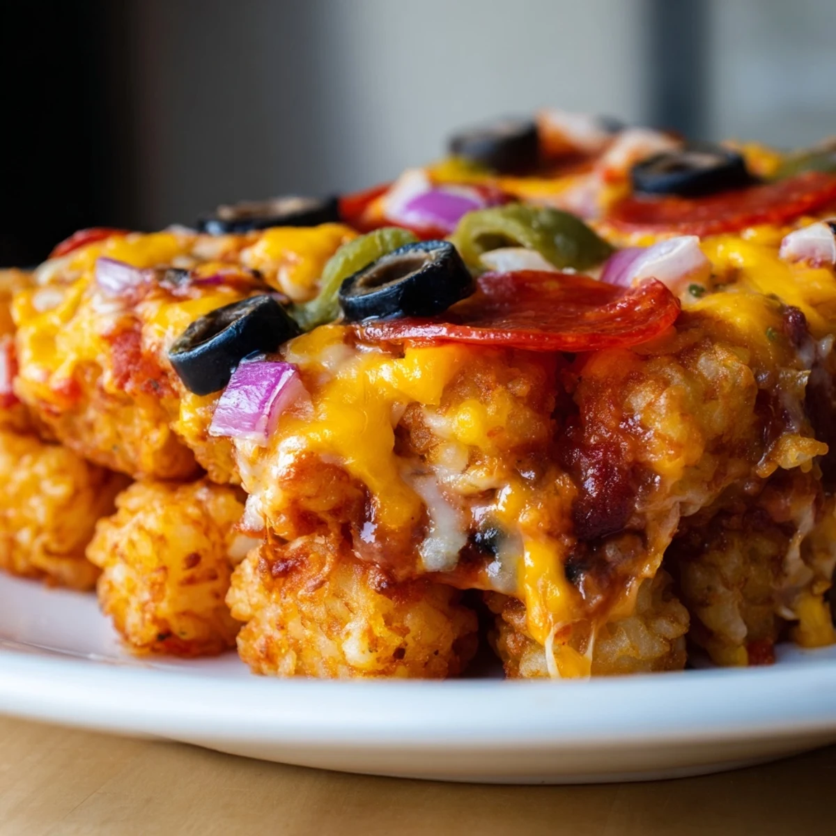 A generous slice of Cheesy Pizza Tot Casserole rests on a plate, showing layers of tater tots and sauce.