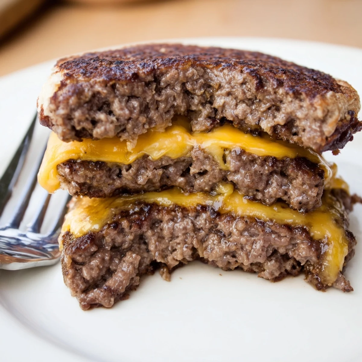 A close-up of Flying Dutchman Burger highlights melted cheese between beef patties, with tomatoes and pickles on a wooden board.