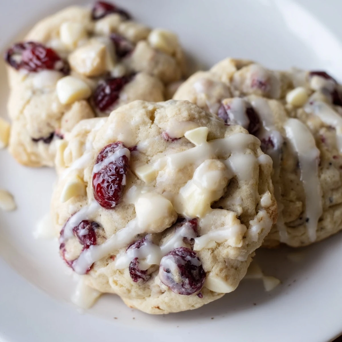 Chewy, pink Irresistible Maraschino Cherry Cookies glazed with almond icing on a plate.