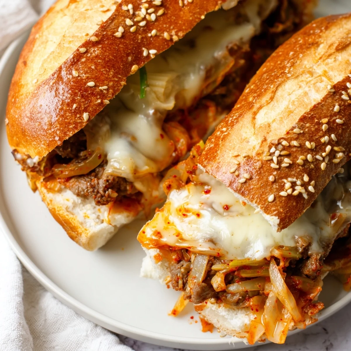 The Irresistible Korean Kimchi Bulgogi Cheesesteak sandwich is served hot with sesame seeds and sliced green onions on a plate, ready to be enjoyed.