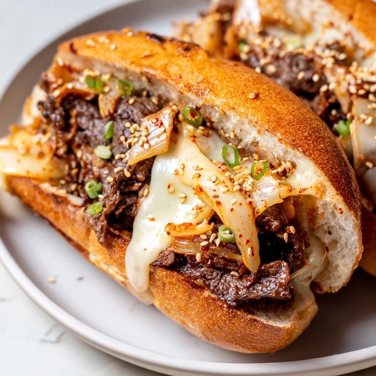 The golden toasted roll of the Irresistible Korean Kimchi Bulgogi Cheesesteak reveals layers of tender bulgogi beef, spicy kimchi, and gooey cheese inside.