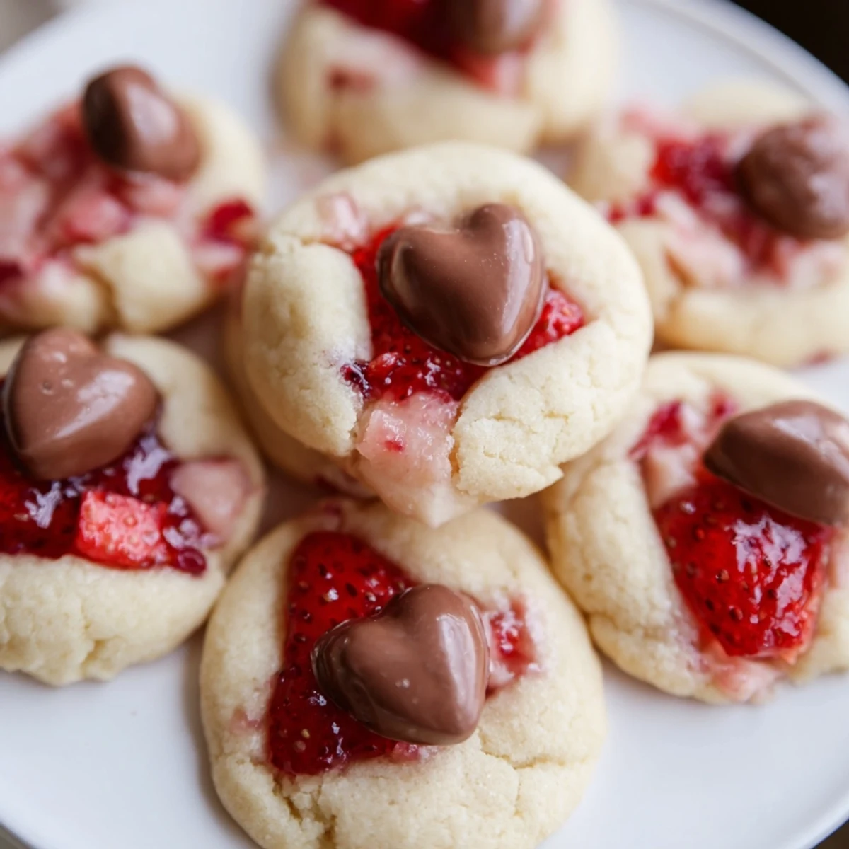 Stack of Strawberry Kiss Cookies on a white plate, perfect for springtime dessert tables.