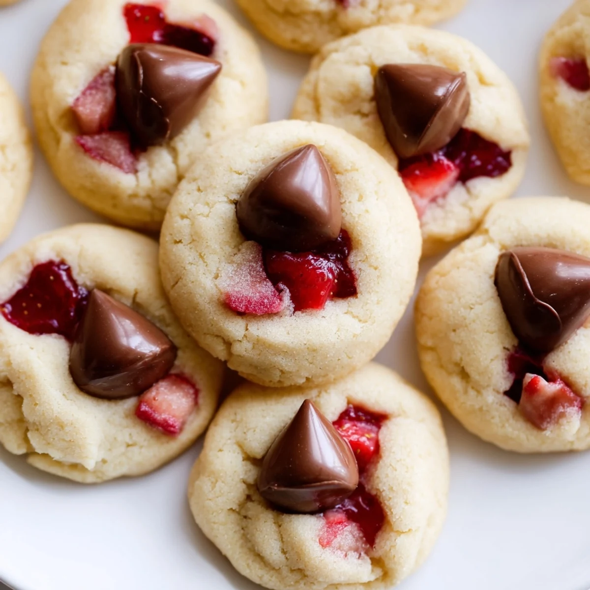 Freshly baked Strawberry Kiss Cookies with strawberry jam and a sweet Hershey's Kiss center.