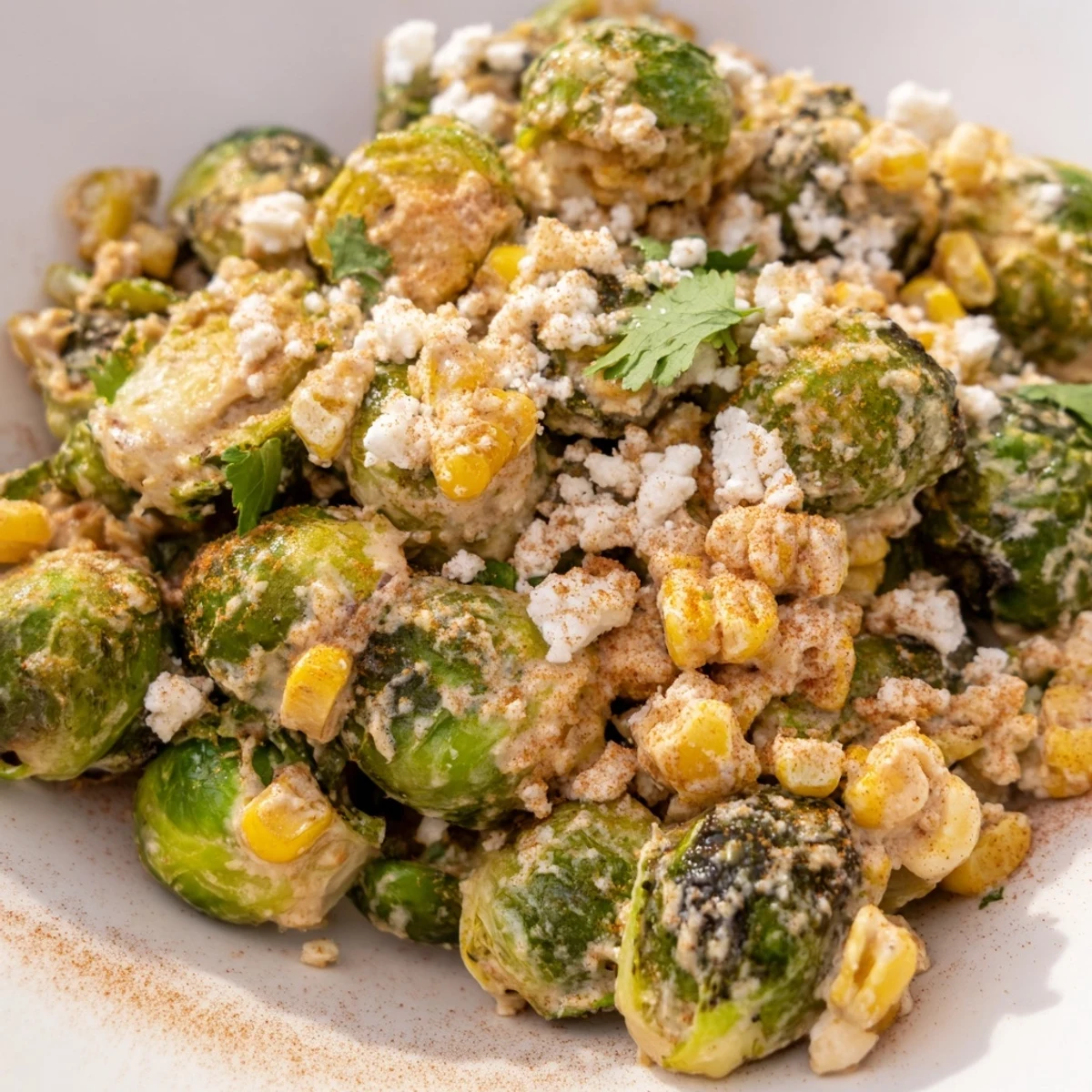 Roasted Brussels sprouts tossed in creamy lime sauce for Mexican Street Corn Brussels Sprouts Delight.