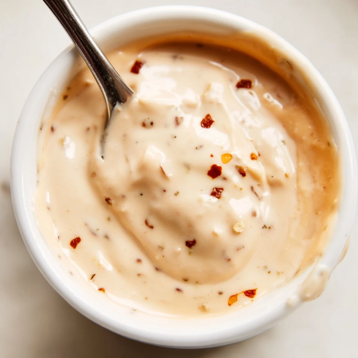 Creamy Hot Honey Ranch Crispy Chicken Tenders Sauce in a white bowl, perfect for dipping golden tenders.