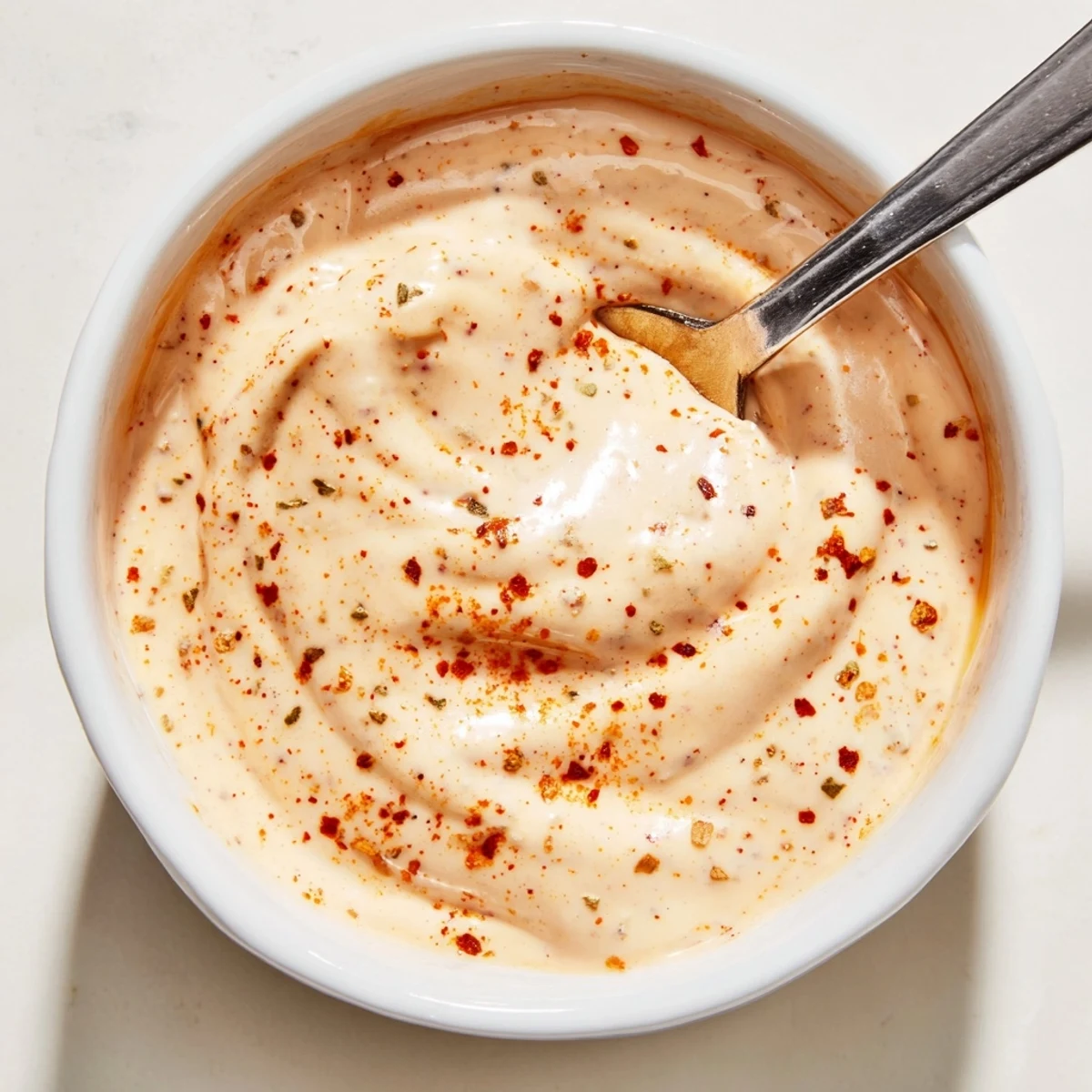 Stirring the Hot Honey Ranch Crispy Chicken Tenders Sauce in a rustic kitchen with vibrant herbs nearby.