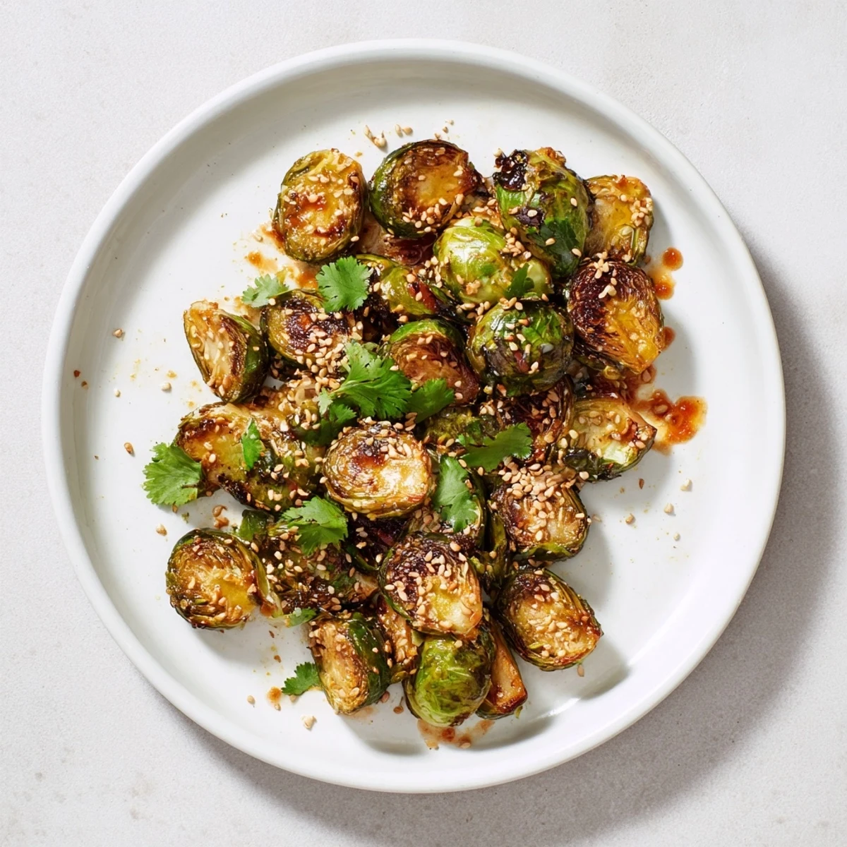 Crispy roasted Honey Sriracha Brussels Sprouts on a platter, garnished with sesame seeds and cilantro for a sweet and spicy kick.
