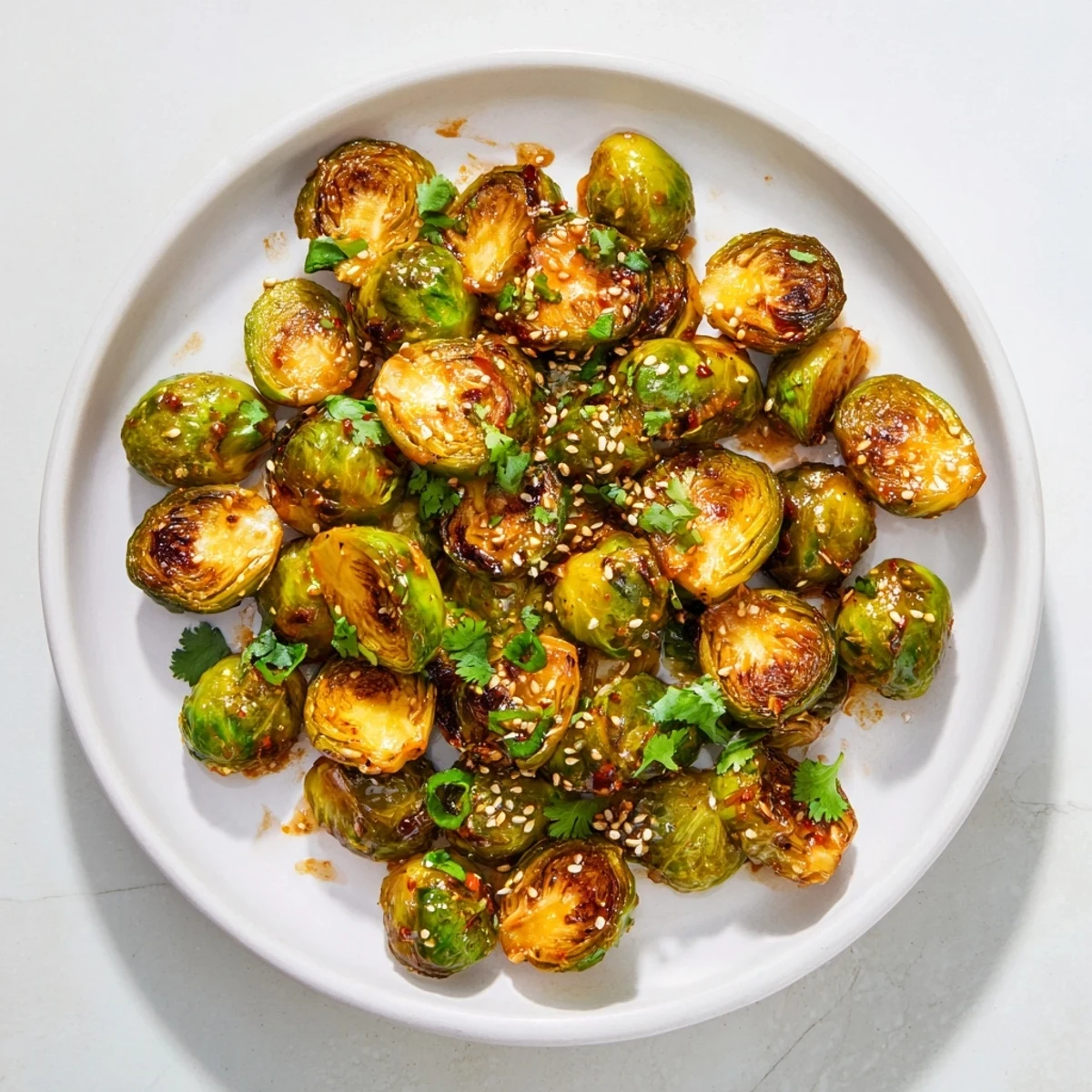 Golden Honey Sriracha Brussels Sprouts served hot alongside a dipping sauce, highlighting their American-Asian fusion flavors and easy preparation.