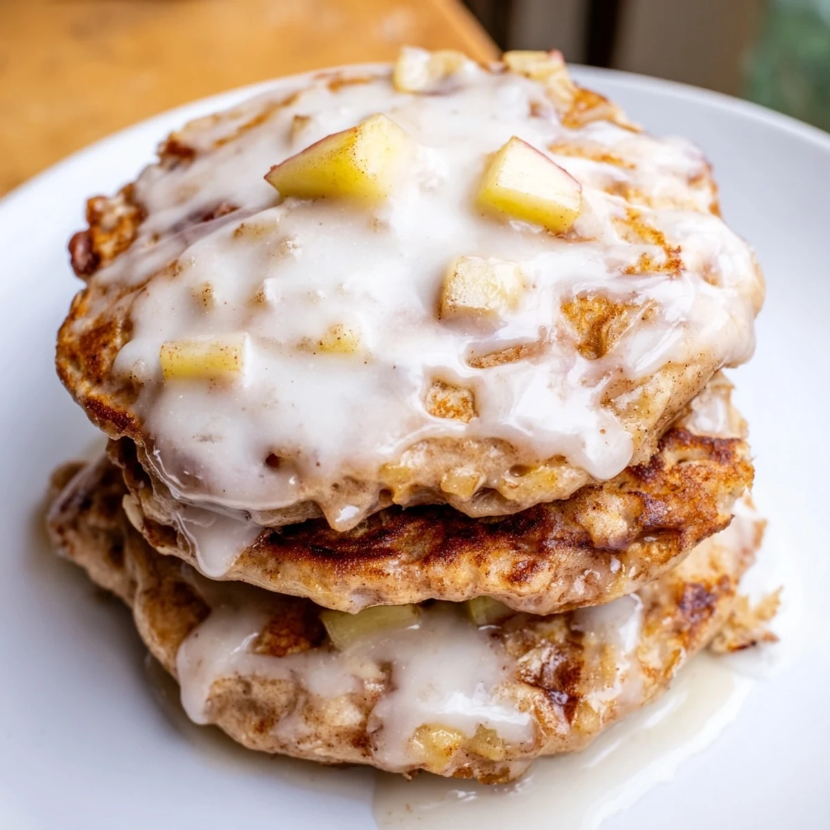 Golden Apple Fritter Pancakes cooking in a skillet, revealing tender apple pieces and a fluffy texture.