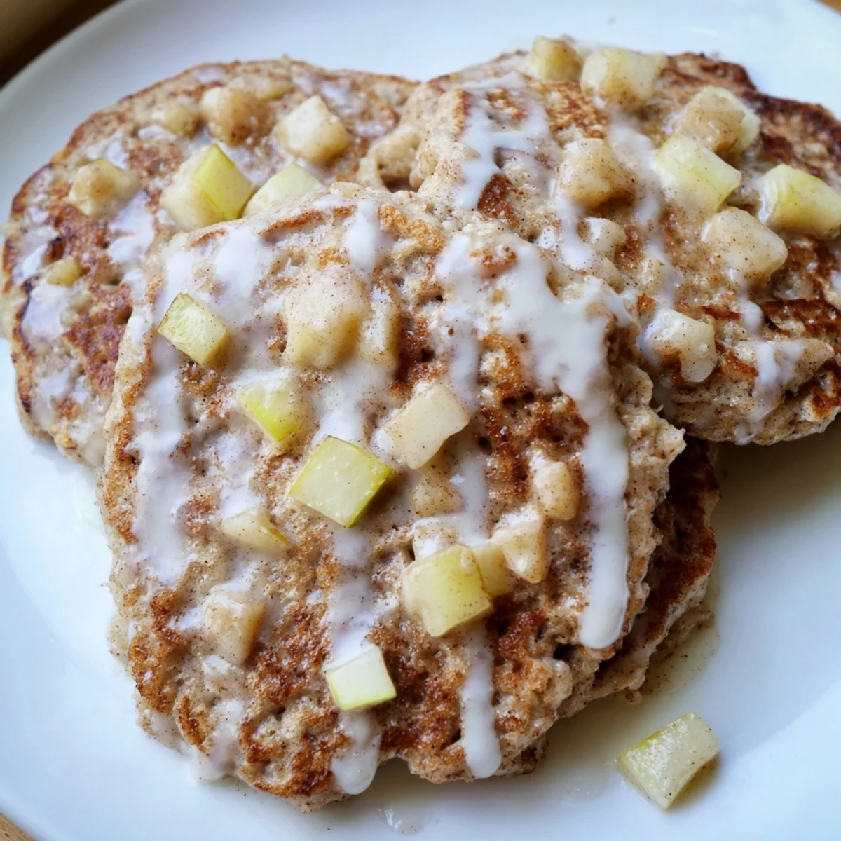 A warm stack of Apple Fritter Pancakes topped with a sweet vanilla glaze and fresh apple slices.