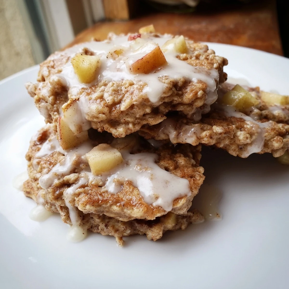 Freshly glazed Apple Fritter Pancakes served on a plate with a side of maple syrup for dipping.