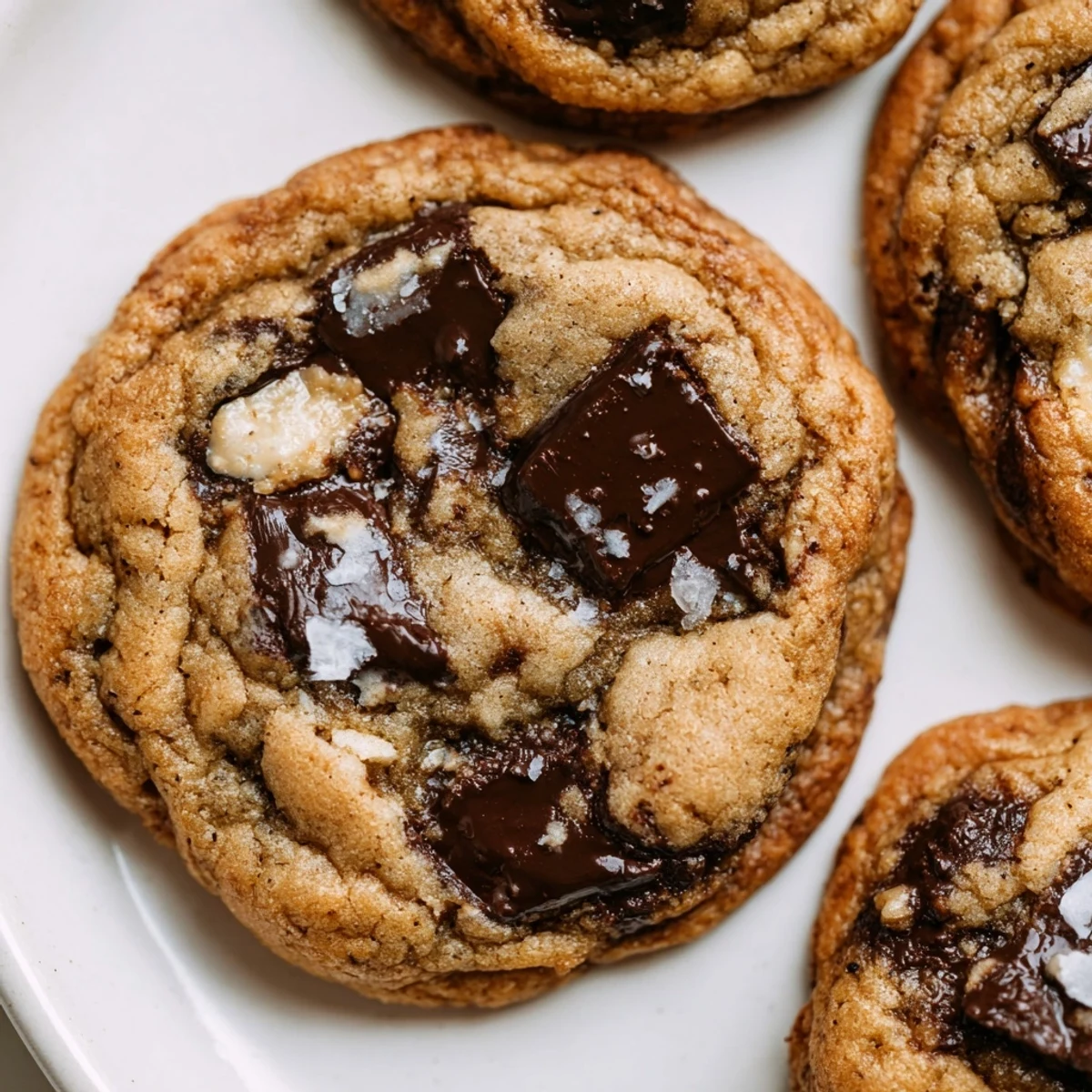 Warm Miso Chocolate Chip Cookies stacked on a rustic wooden board, dusted with flaky sea salt beside a cold glass of milk.