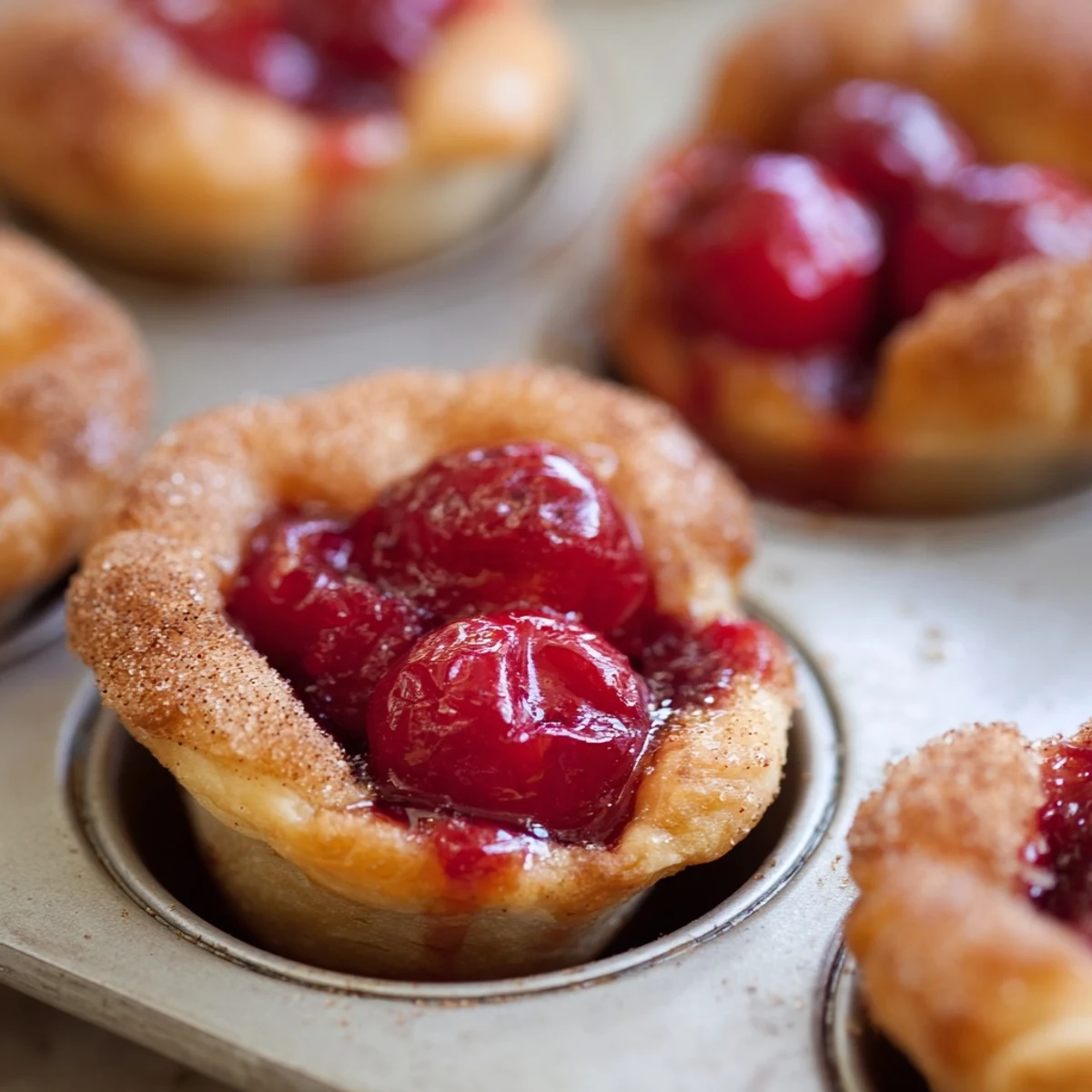 Freshly baked Quick Cherry Pie Bites rest on a wire rack with golden crust and bubbly red filling.