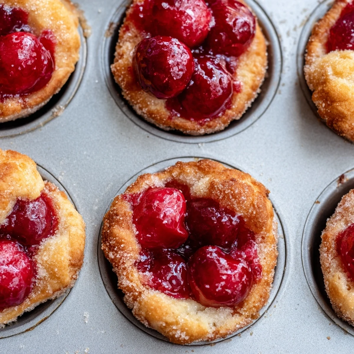A close-up of Quick Cherry Pie Bites showcases flaky pastry cups dusted with cinnamon-sugar for a sweet crunch.