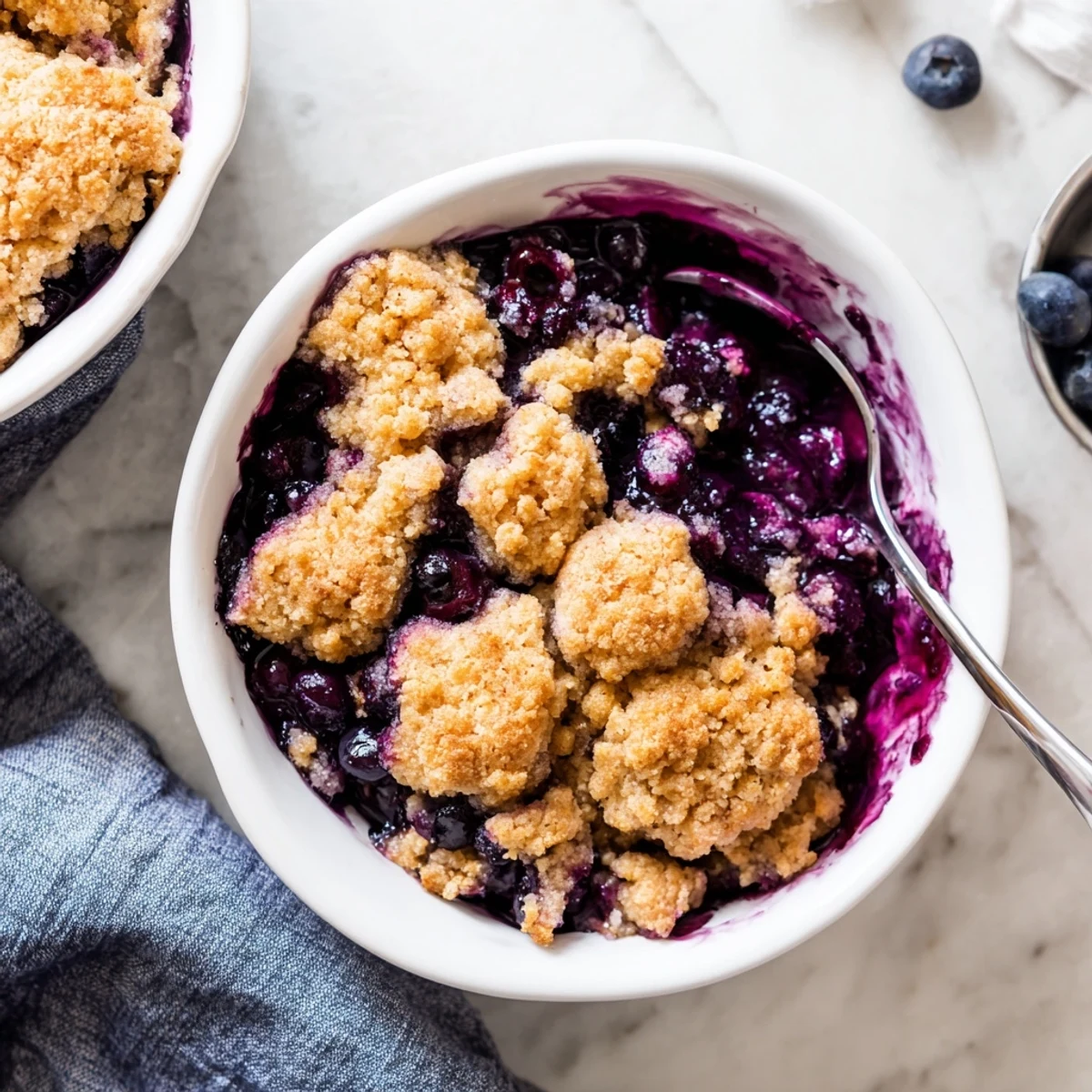 Spoon-ready Moist Blueberry Cobbler With Frozen Berries with golden biscuit topping and juicy blueberries in a white dish.