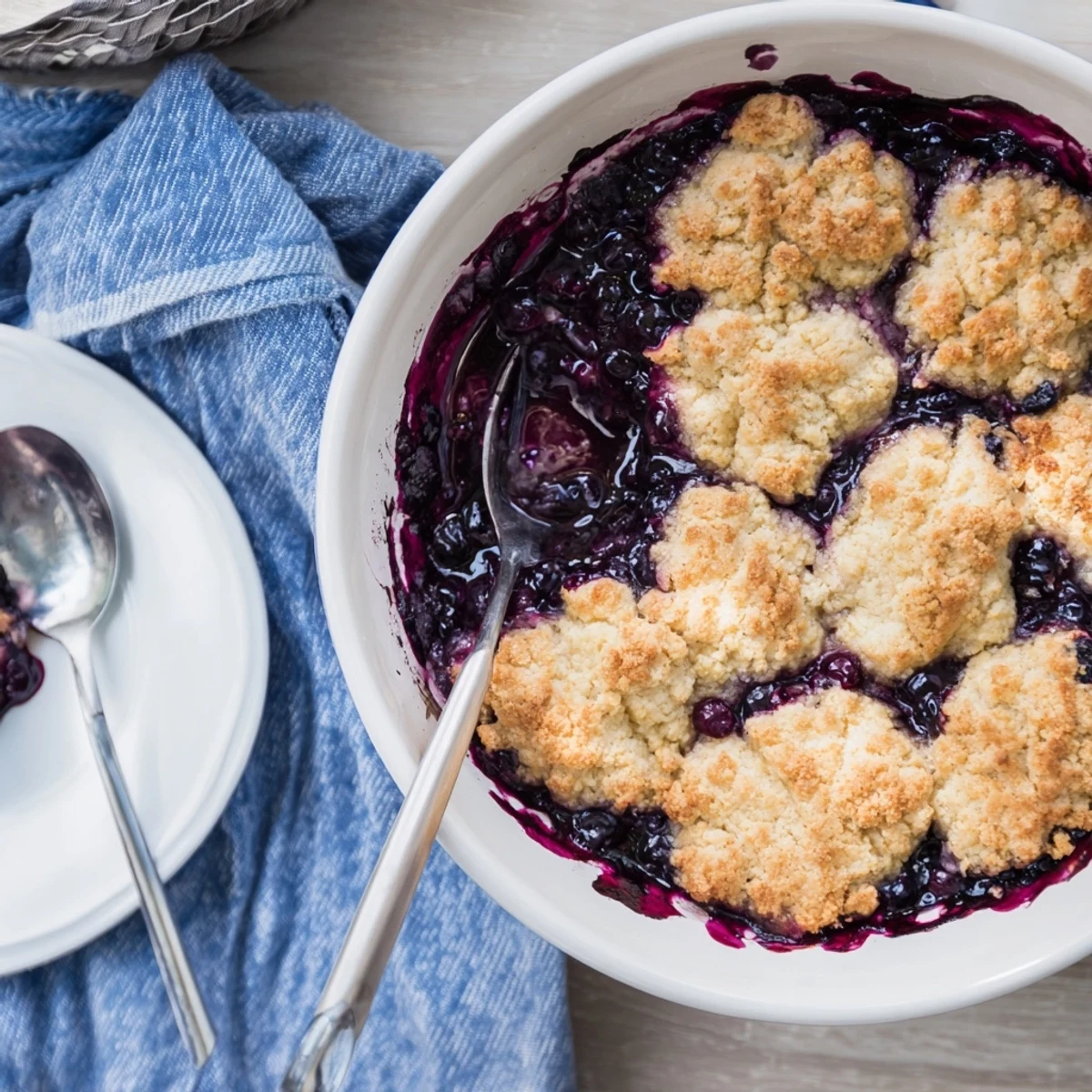 Warm homemade Moist Blueberry Cobbler With Frozen Berries bubbling from the oven beside a scoop of vanilla ice cream.