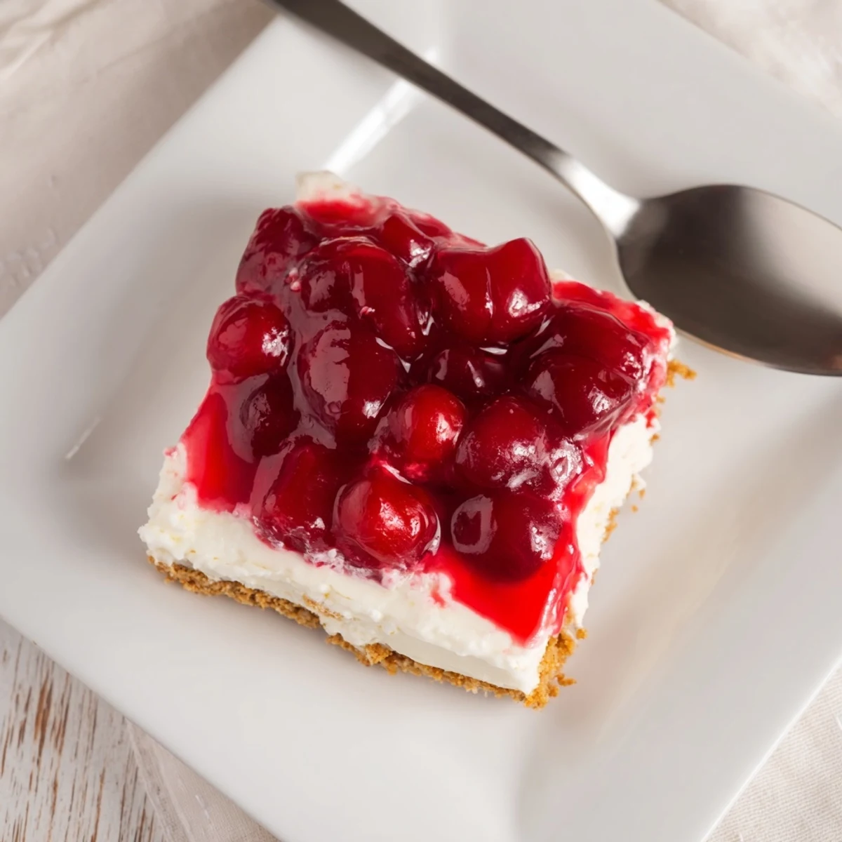 Classic Cherry Delight served chilled from the fridge on a white plate at a summer gathering.