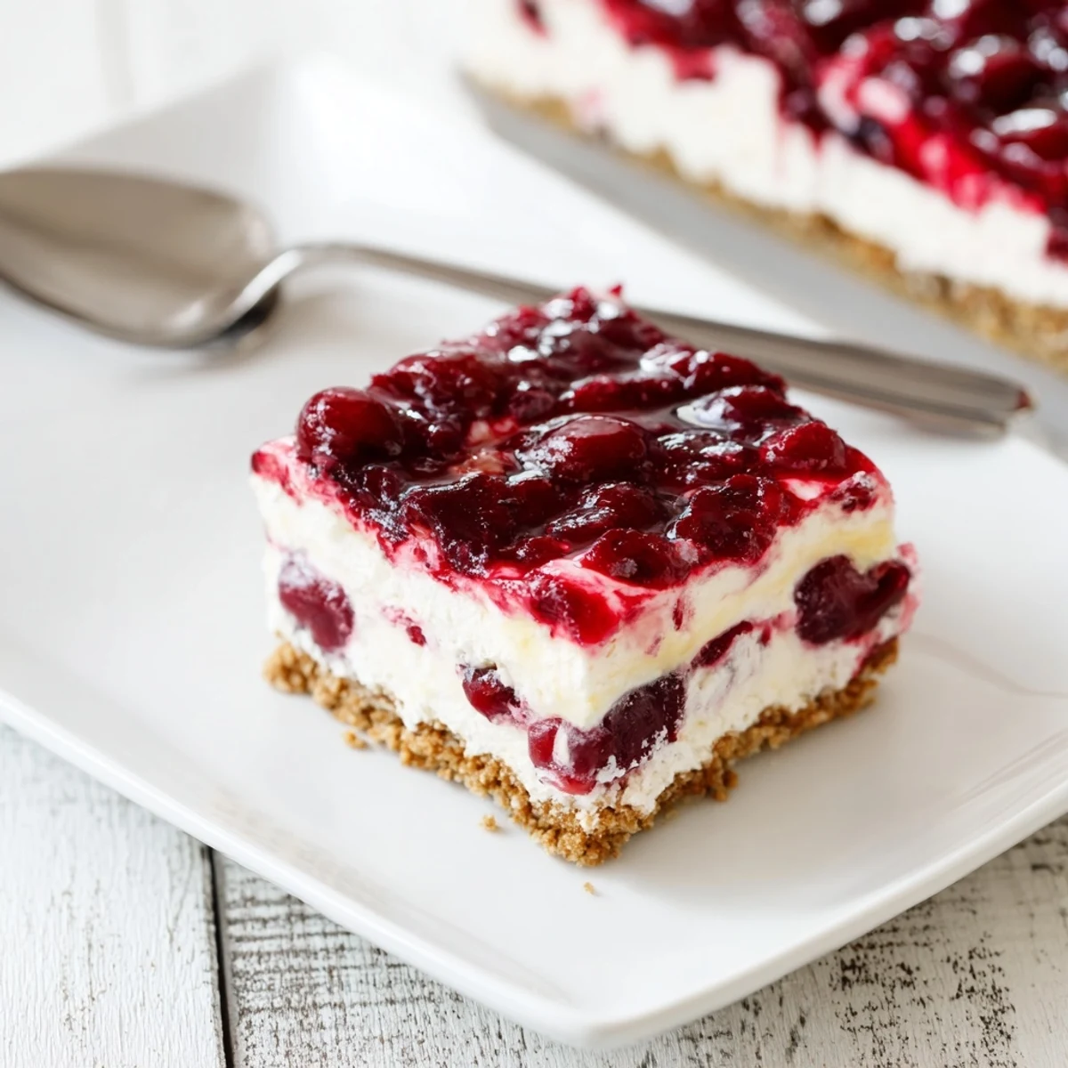 A spoon dips into layers of Classic Cherry Delight, creamy filling and glossy cherry topping.