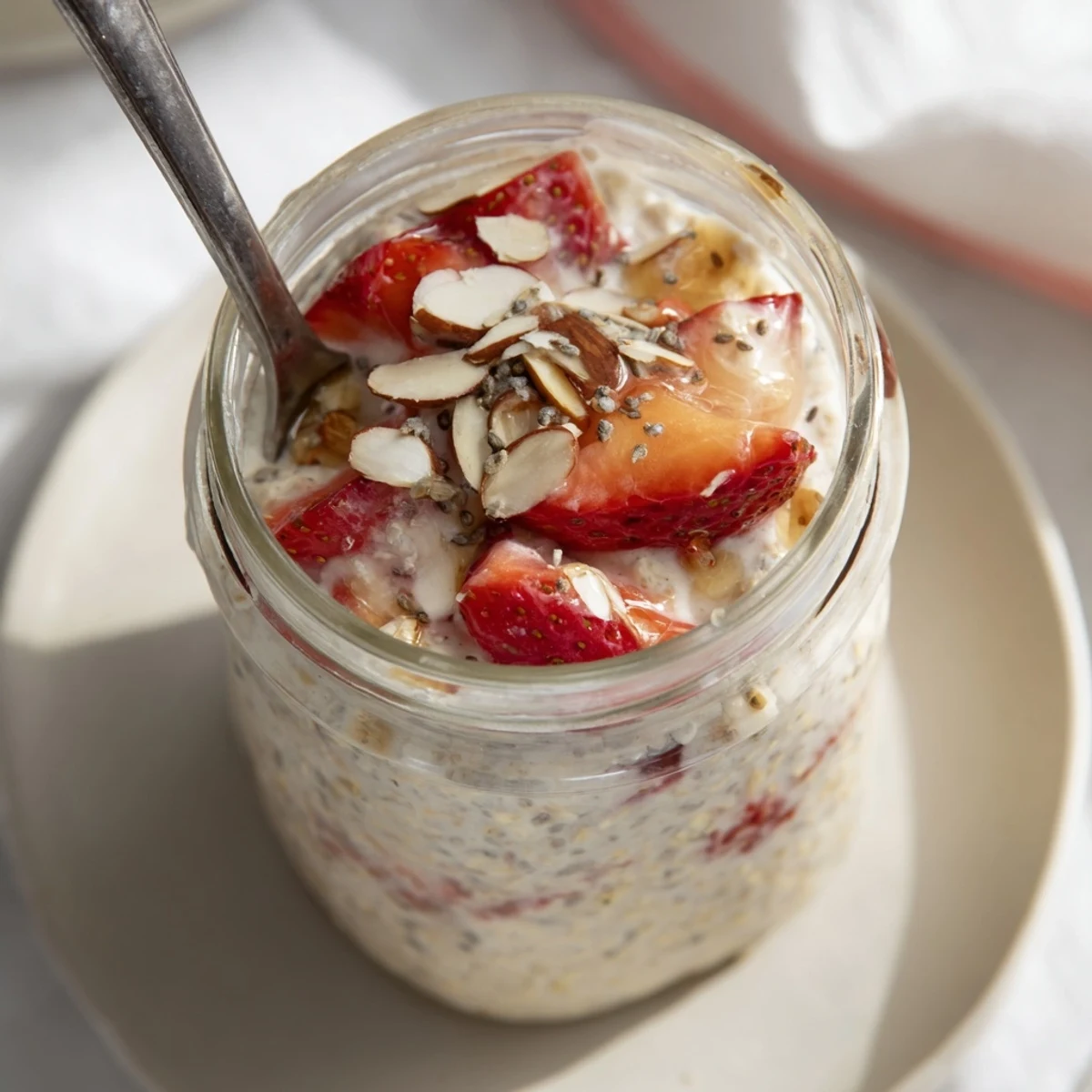 Creamy Strawberry Overnight Oats topped with sliced fresh strawberries and a drizzle of honey in a clear jar.
