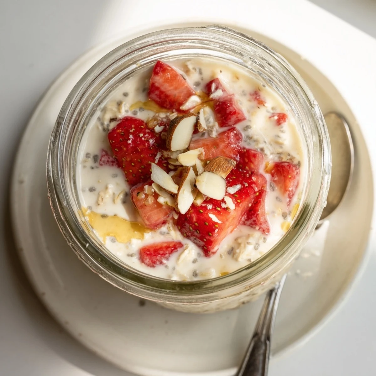 A close-up of healthy overnight oats with strawberries, chia seeds, and Greek yogurt, perfect for breakfast.