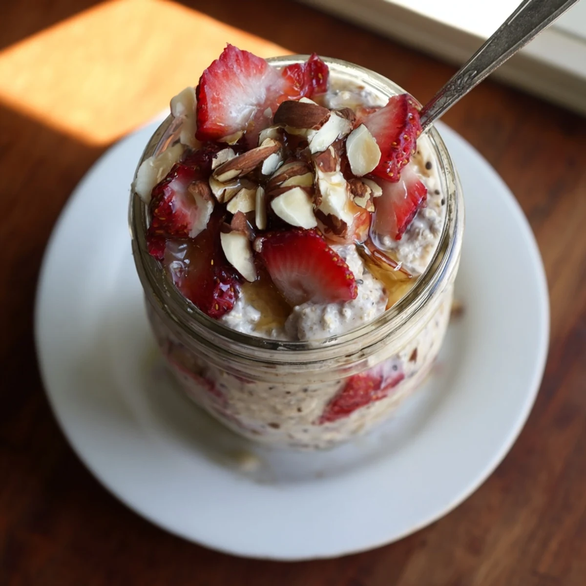 Strawberry Overnight Oats served chilled in a breakfast bowl with chopped almonds and a spoon for stirring.