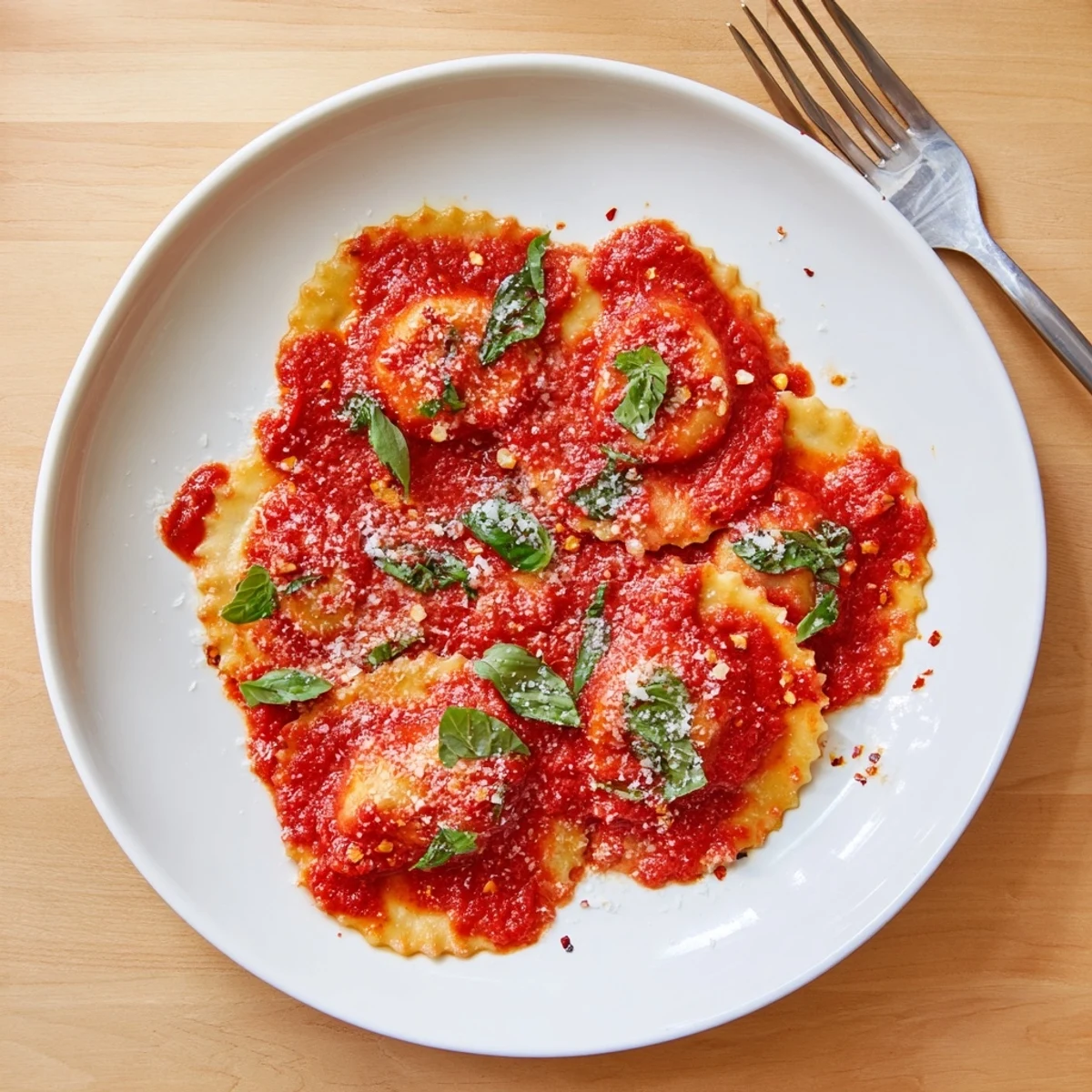 Steaming 20-Minute Ravioli with Simple Sauce tossed in a rich tomato-basil sauce and garnished with fresh Parmesan.
