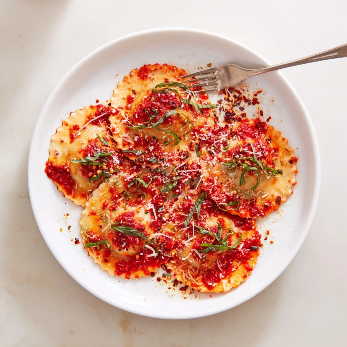 Golden 20-Minute Ravioli with Simple Sauce on a plate, smothered in vibrant tomato sauce and topped with basil leaves.