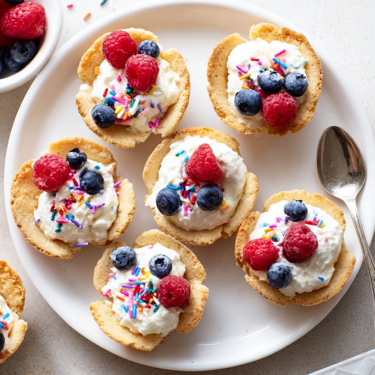 Golden-brown Sugar Cookie Cups sit in a mini muffin tin, filled with fluffy whipped cream and topped with fresh red raspberries.  