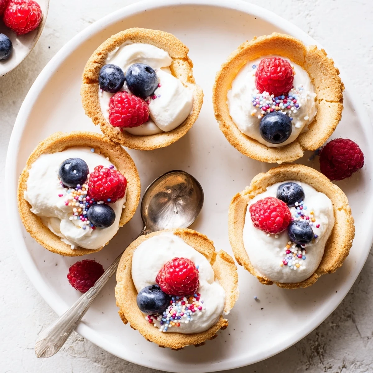 A close-up shows bite-sized Sugar Cookie Cups with a creamy vanilla filling, sprinkled with colorful sugar and mini chocolate chips.  