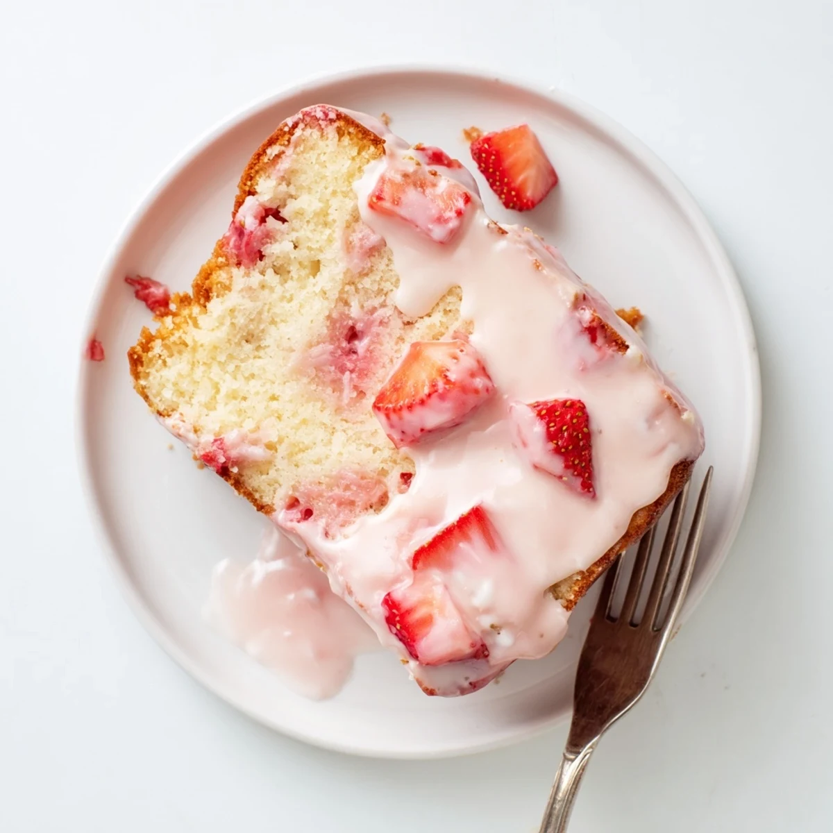 Freshly baked Moist Strawberry Milkshake Pound Cake with a pink glaze drizzle and chopped berries on top.