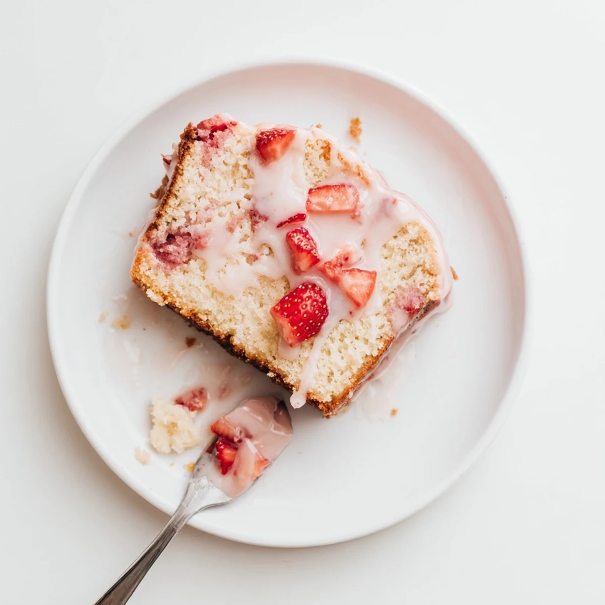 Moist Strawberry Milkshake Pound Cake slices showing tender crumb, served on a white plate with strawberries.