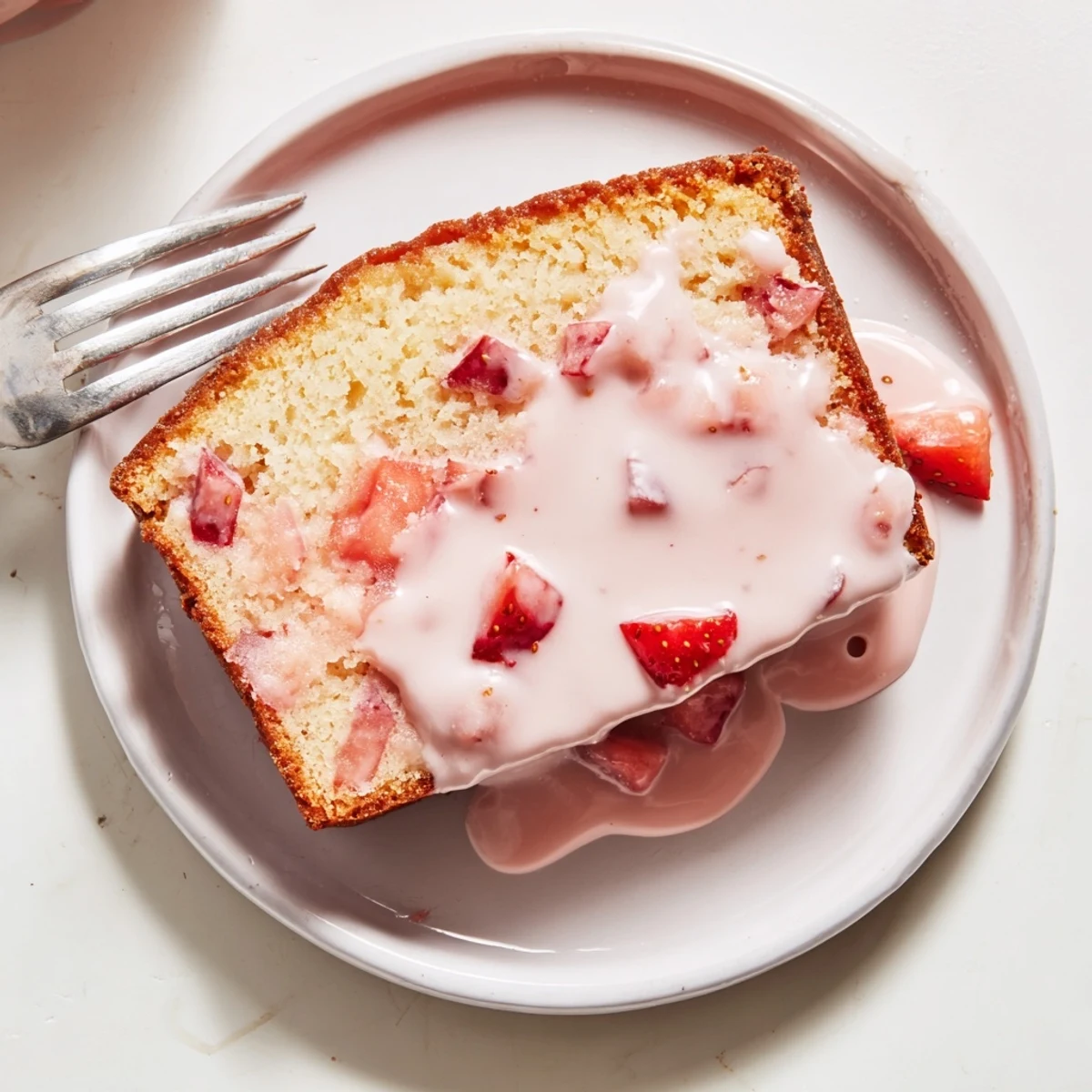A close-up of Moist Strawberry Milkshake Pound Cake with glaze dripping down the sides on a cooling rack.