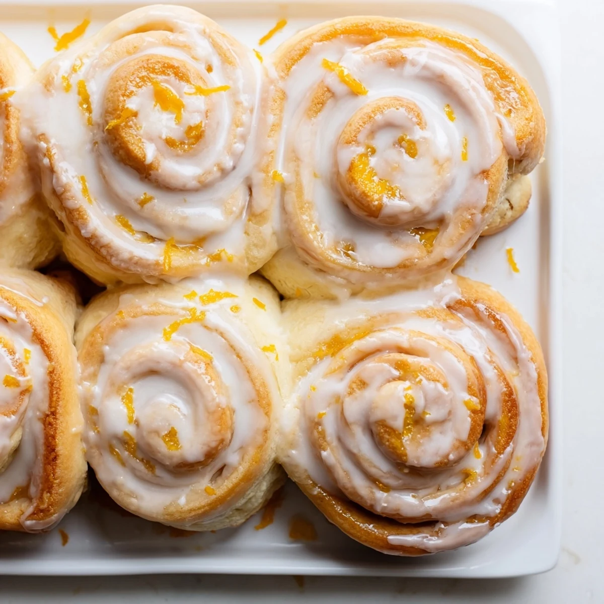 Warm Homemade Glazed Orange Rolls are drizzled with citrus glaze and served on a rustic wooden board for brunch.