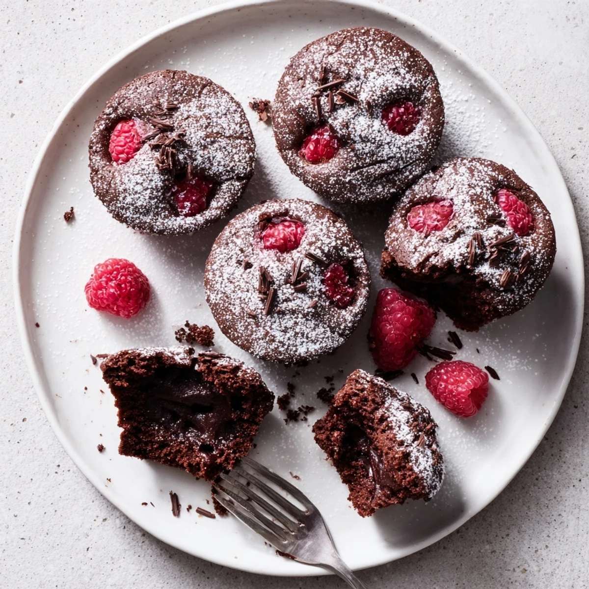 Moist Raspberry Chocolate Lava Cupcakes on a marble board, garnished with fresh raspberries and chocolate shavings.