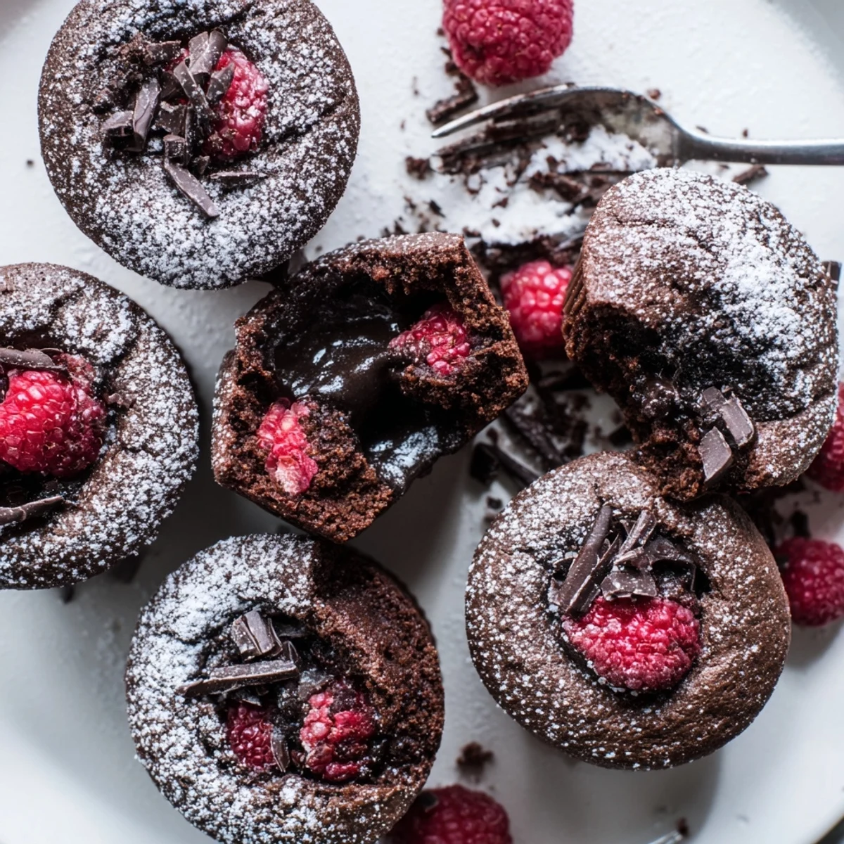 Freshly baked Raspberry Chocolate Lava Cupcakes dusted with powdered sugar, showing molten chocolate and raspberries.