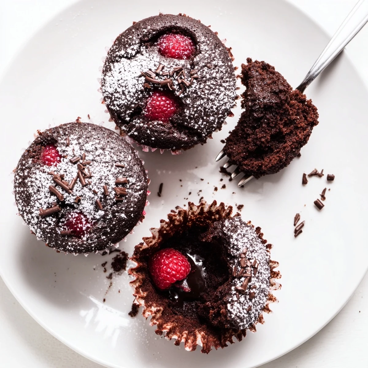 Warm Raspberry Chocolate Lava Cupcakes with a gooey chocolate center and tart raspberry filling ready to serve.
