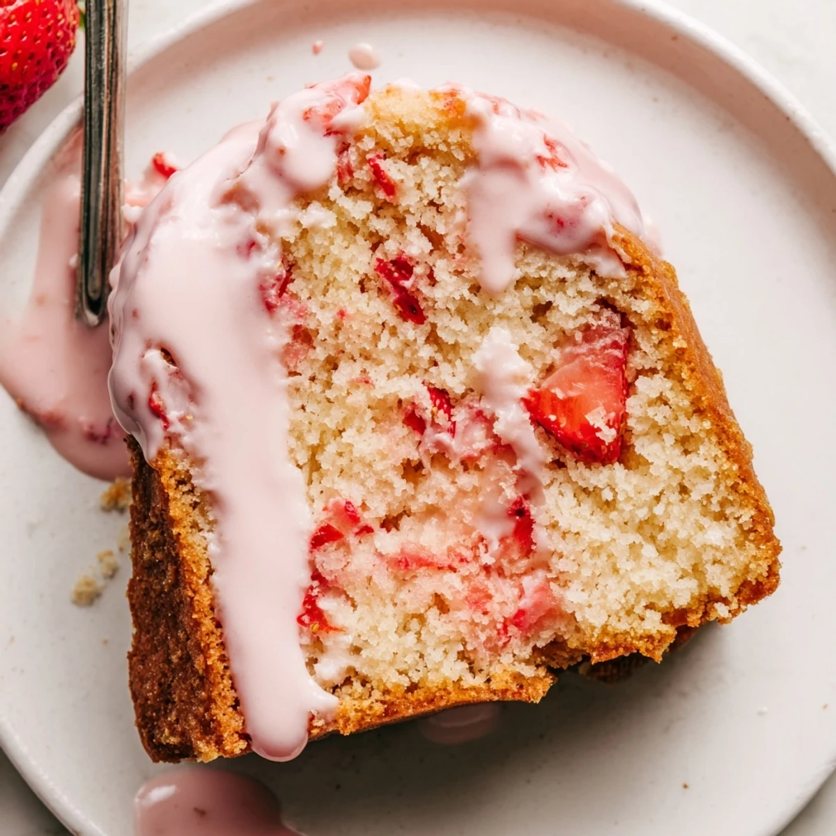 Freshly baked Strawberry Milkshake Pound Cake glazed with a creamy pink strawberry topping, cooling on a wire rack.