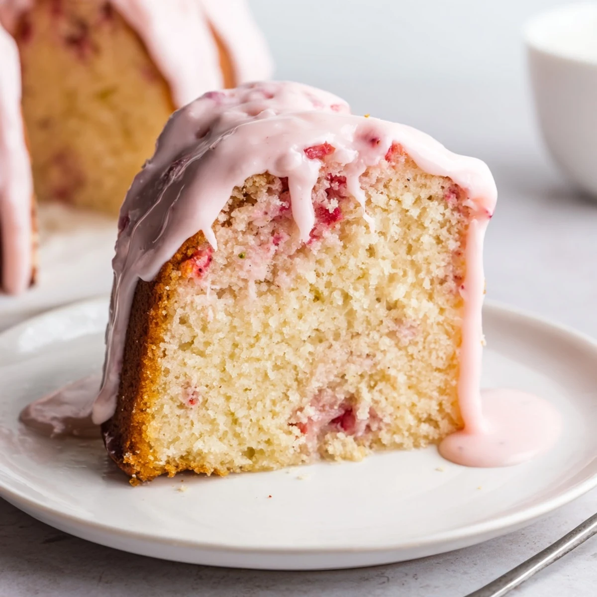 Slice of moist Strawberry Milkshake Pound Cake topped with fresh berries and a glass of milk on a table.