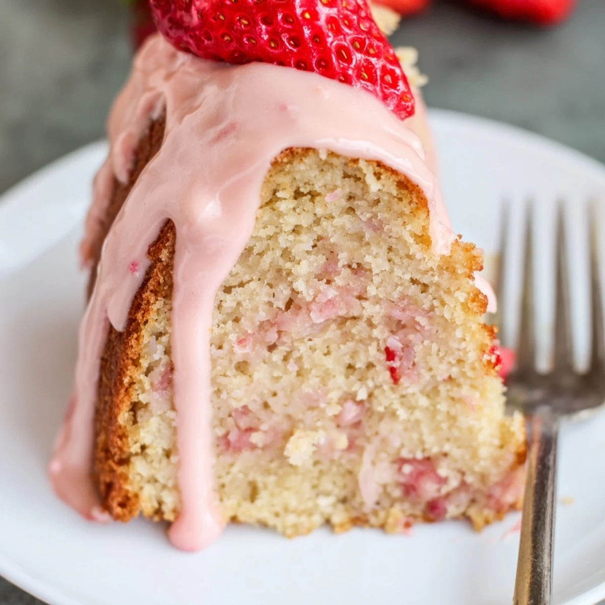Strawberry Milkshake Pound Cake with a thick glaze dripping down the side, ready to serve for dessert.